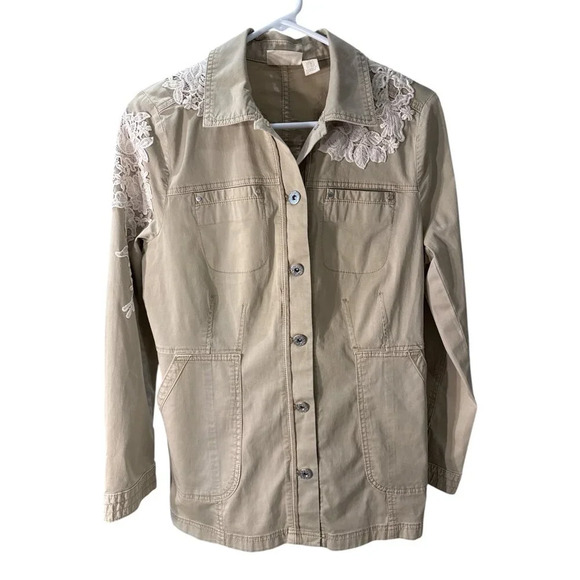 Chico's Khaki Utility Jacket With Lace Applique, Size Chico's 0, Pre-Owned - Picture 1 of 9